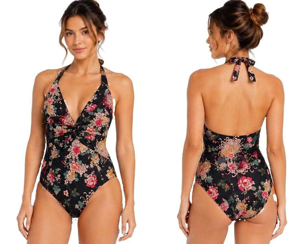 JOHNNY WAS WOMENS L BLACK FLORAL HALTER ONE PIECE SWIMSUIT TWIST FRONT